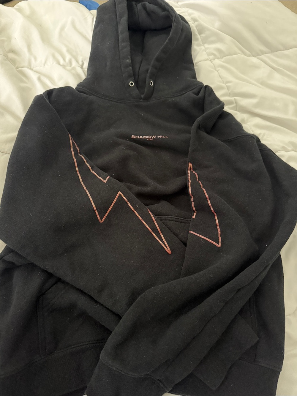 Shadow Hill Black Hoodie with Pink/Orange Lightning Sleeve Graphics